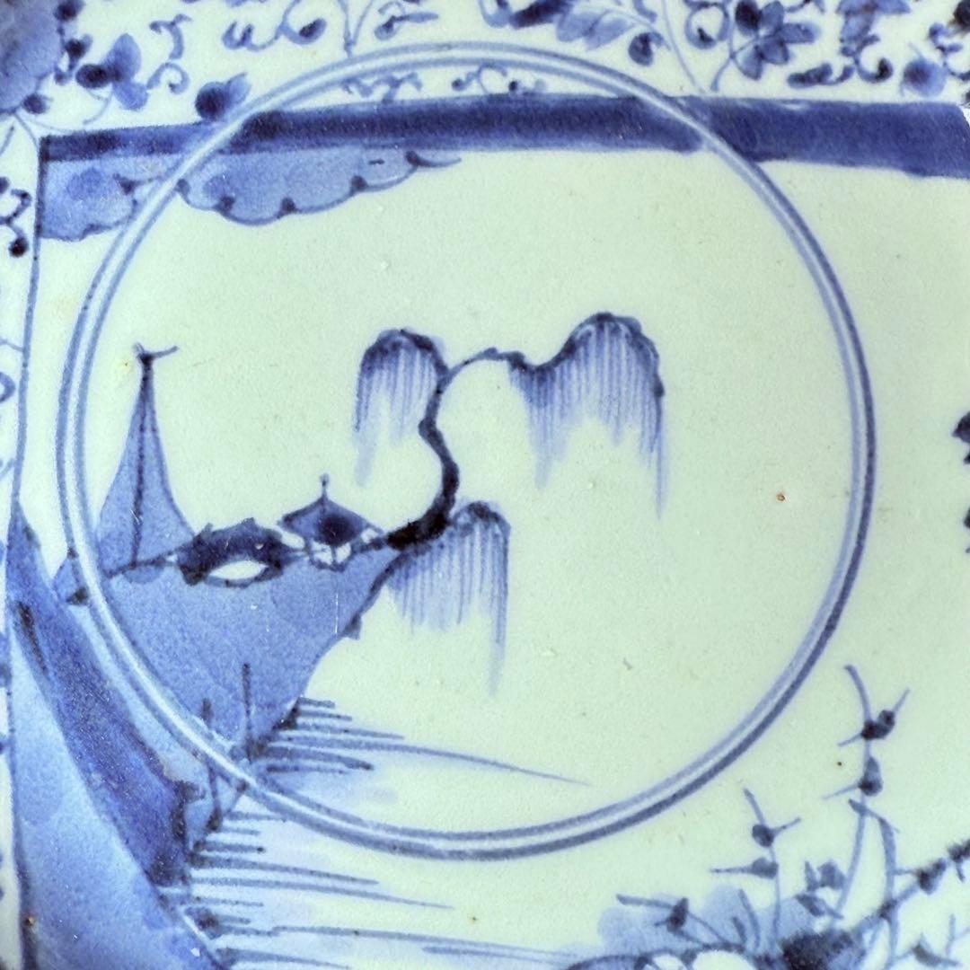 1700年代　江戸時代　古伊万里　染付花唐草風景図輪花皿　5枚　大明成化年製