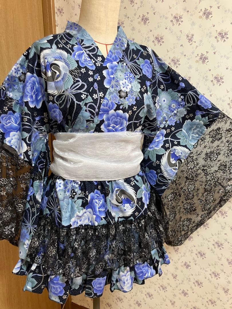 姫ギャル　浴衣ドレス　①黒×水色　地雷系　量産型　y2k　平成