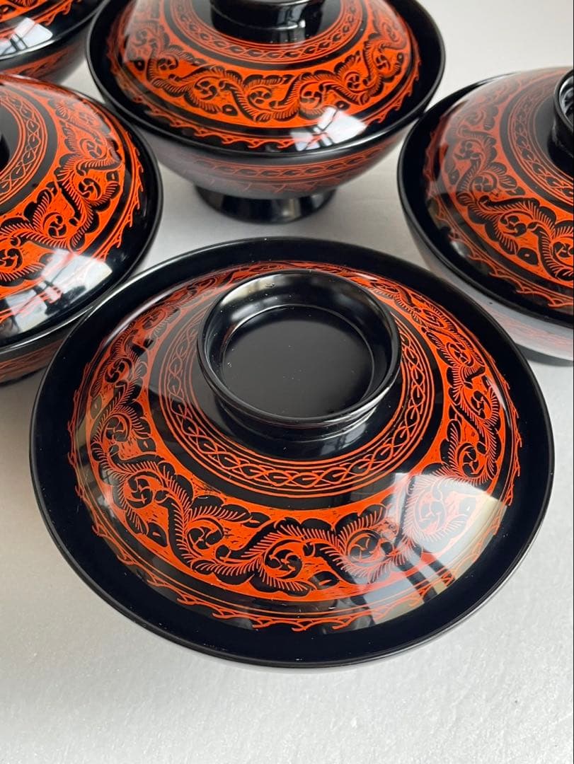 ②木製漆器　讃岐彫　昇斎作　蒟醤　吸物椀5客　　　　蓋付き椀　お椀