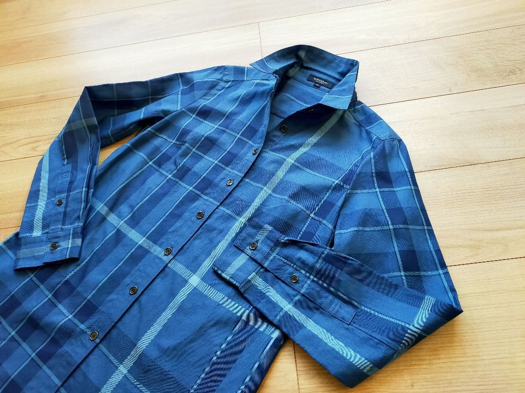美品バーバリーロンドン 青ブルーチェック 長袖シャツ ブラウス38三陽商会