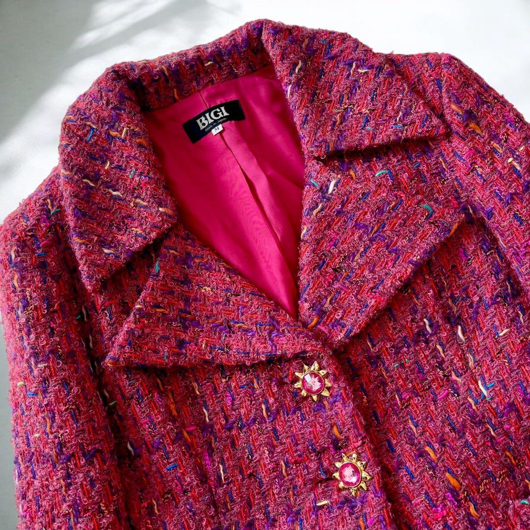 BIGI ミックスツイード　バブリースーツ　ピンク　太陽モチーフ　ビジュー