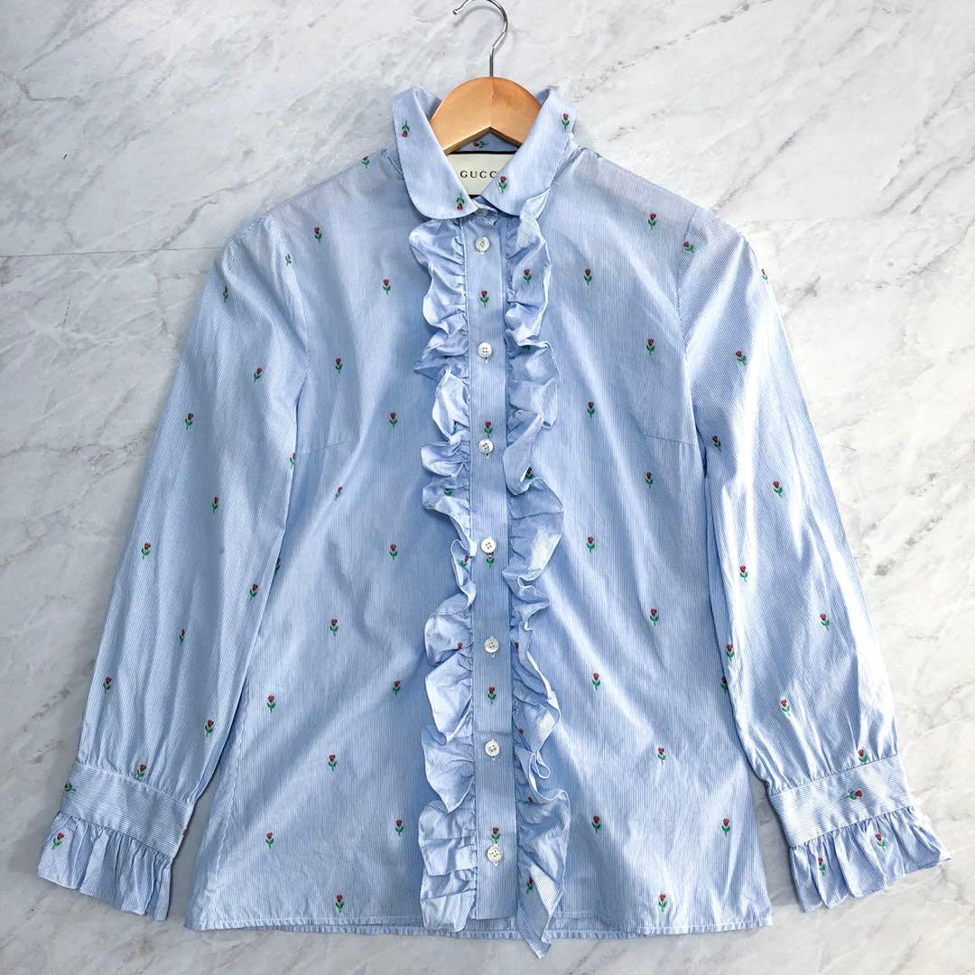 【希少 極美品】GUCCI ブラウス フリル 花柄 ストライプ ブルー M