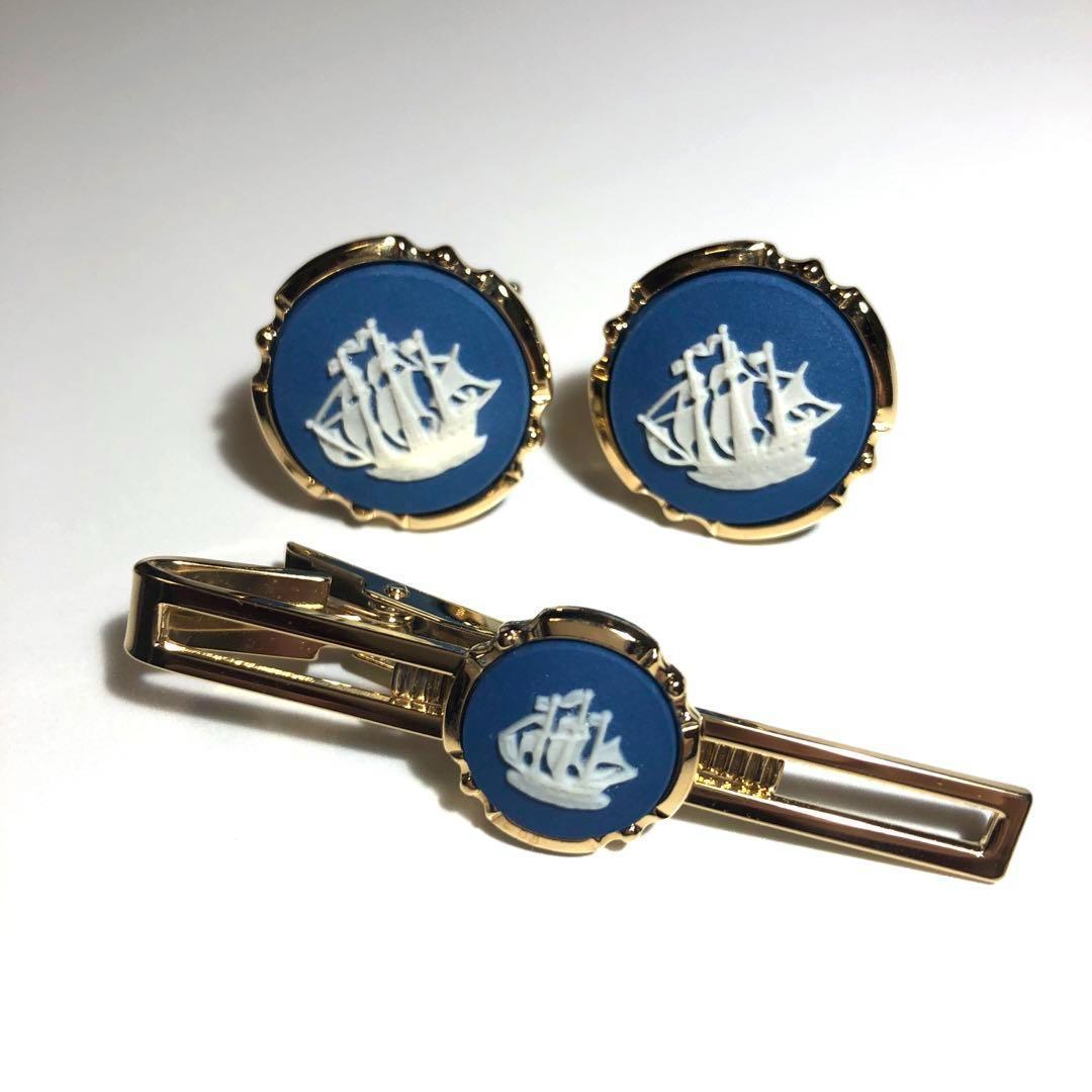 未使用　ウェッジウッド　タイピン＆カフリンクス　ジャスパー帆船　箱付　英国製