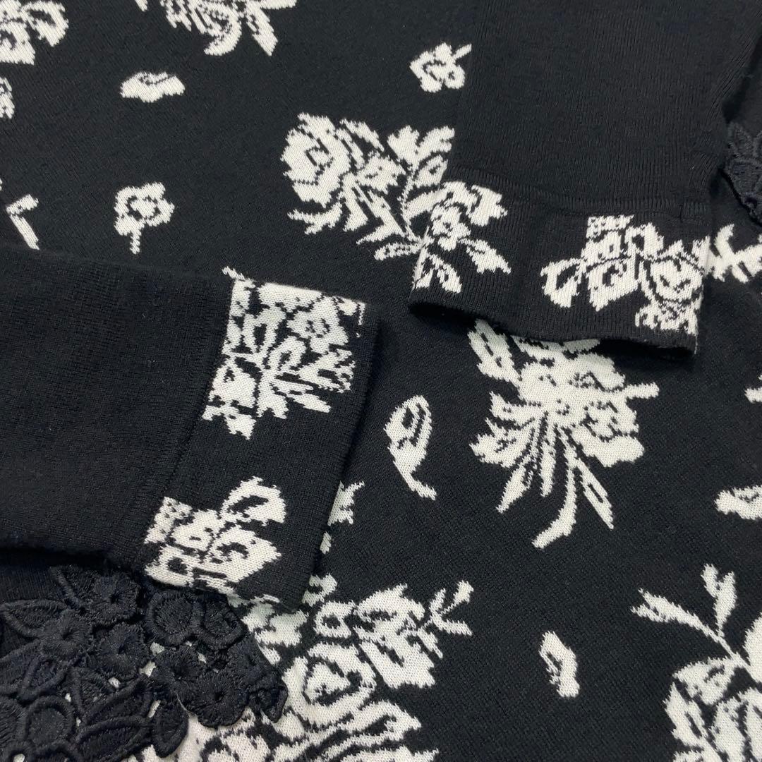 美品 スーパービューティー 花柄 ジャガード ビジュー ニットワンピース 42