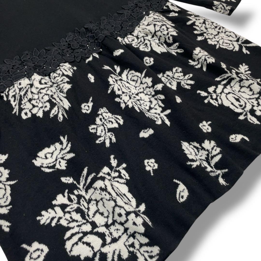 美品 スーパービューティー 花柄 ジャガード ビジュー ニットワンピース 42