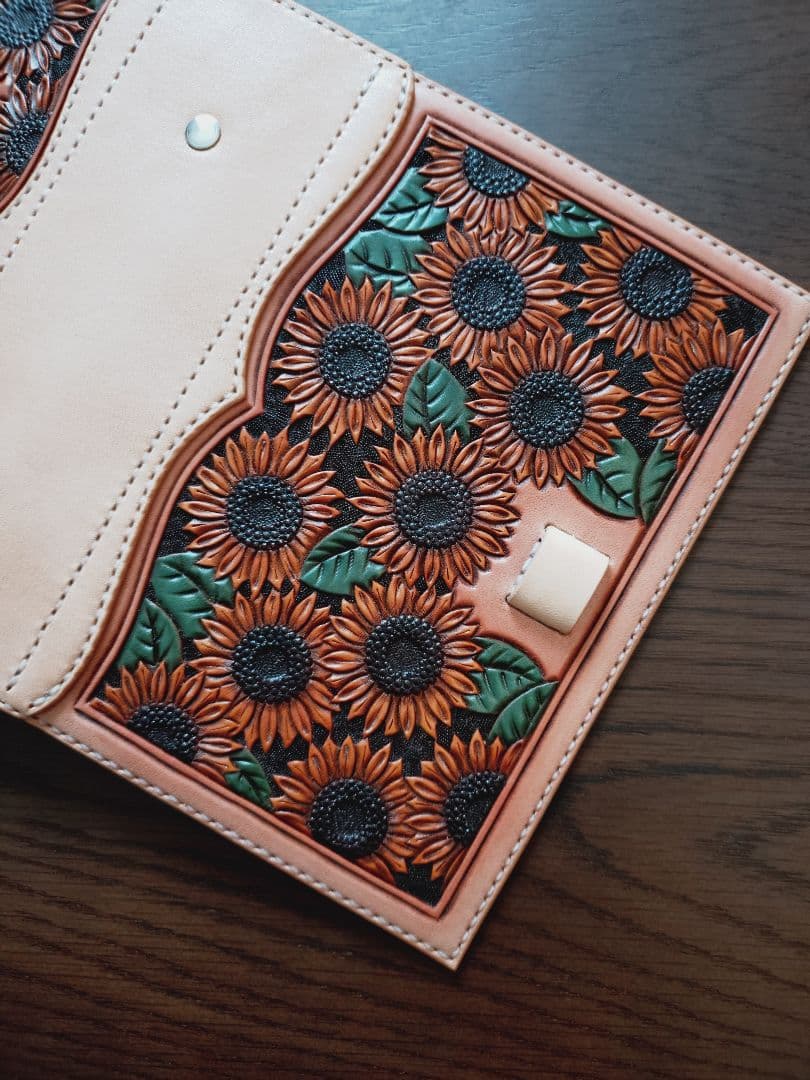 システム手帳　向日葵　バイブルサイズ　本革　カービング