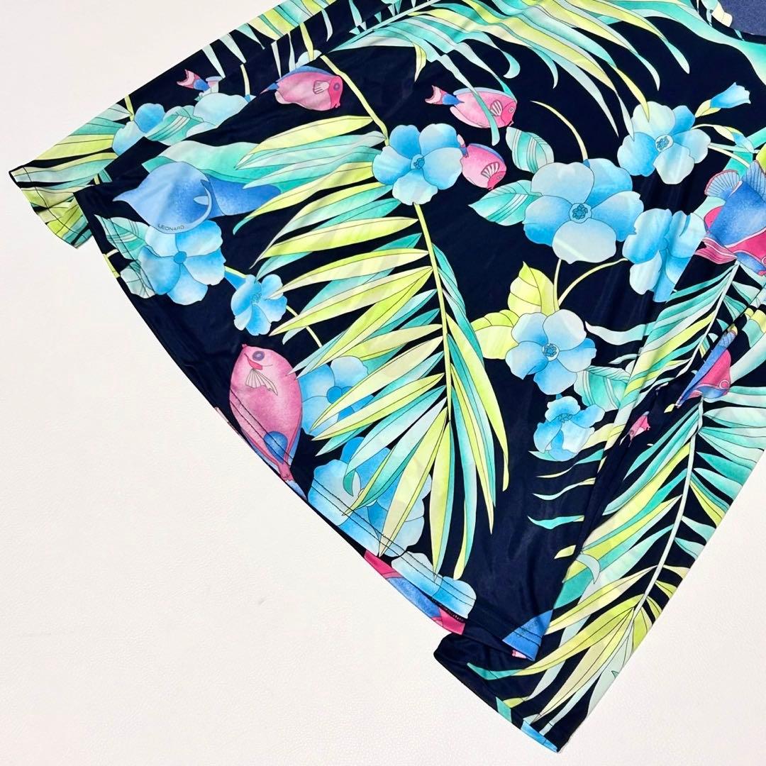 レオナール 大きいサイズ 花柄プルオーバー ブラウス ゆったり ネイビー