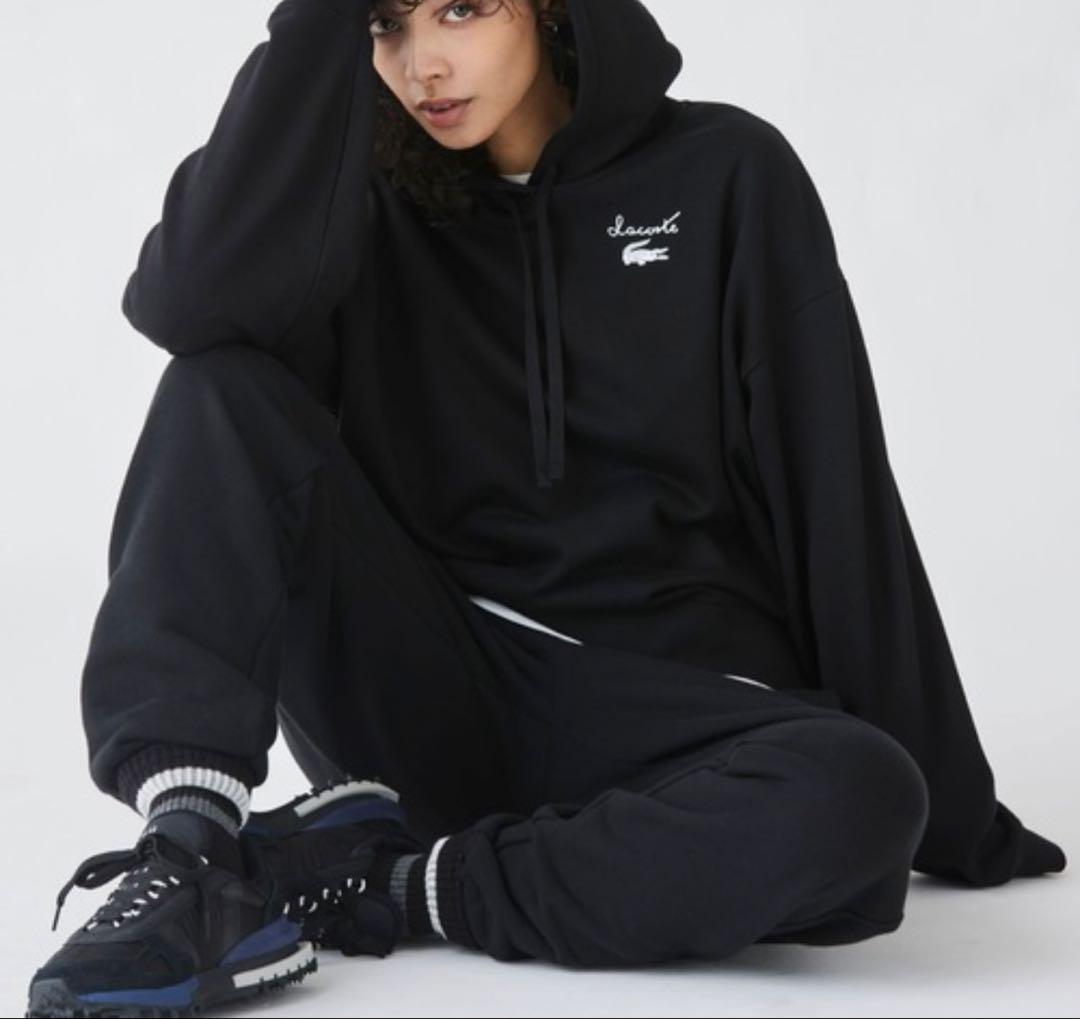ラコステ　ワイドスウェットパーカー　裏パイル クロップド丈　ブラック L 新品