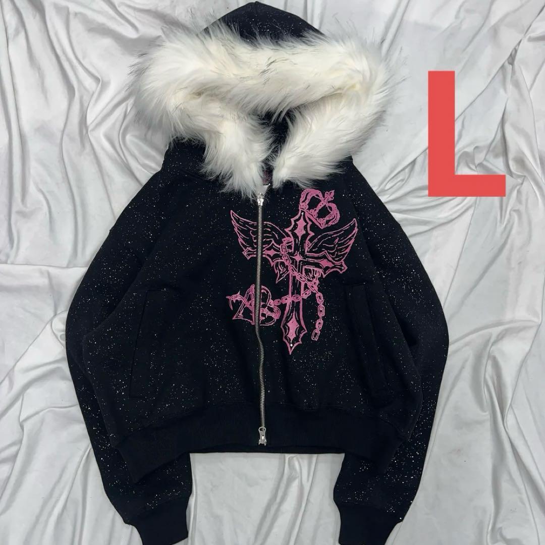 トップス girl Cross Logo glitter Fur Zip Hoodie