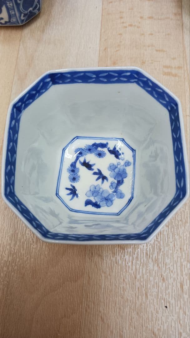 古伊万里　染付　向付　蕎麦猪口　八角窓絵花幾何学文様　6客　共箱　明治14年