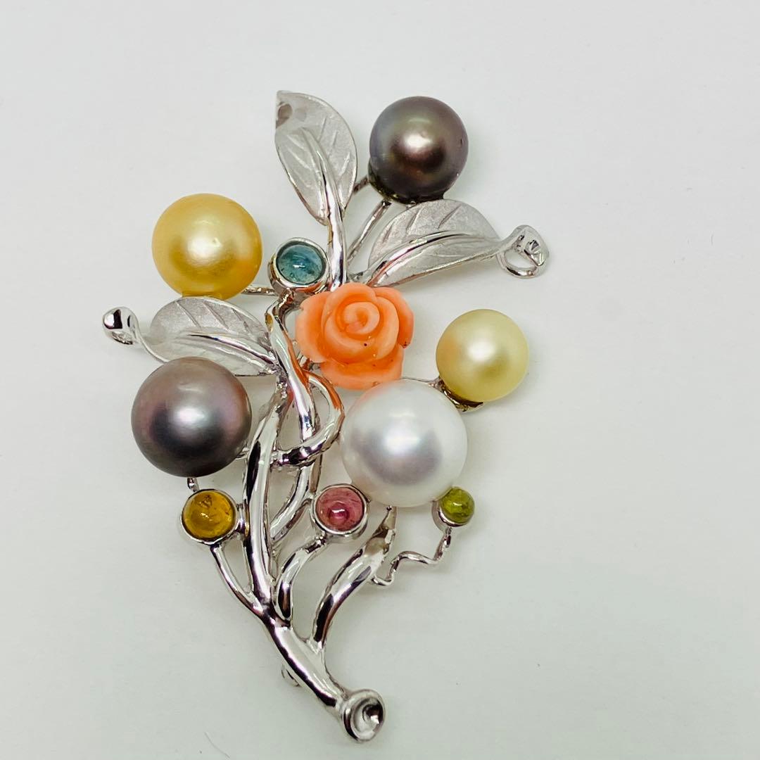 シルバー925 南洋真珠 タヒチ黒真珠 マルチ石付き ブローチ