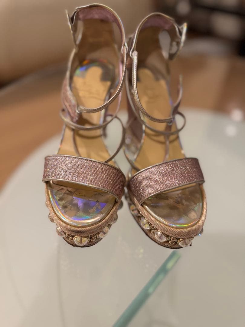 Christian louboutin ルブタン38ピンクグリッターウェッジ