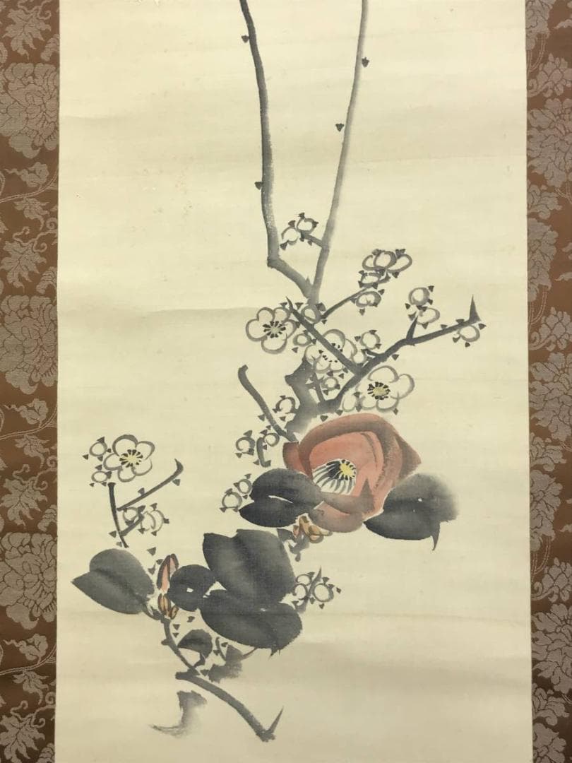 【真作】幸野楳嶺/梅椿図/早春/花図/掛軸/名家伝来/AD-747