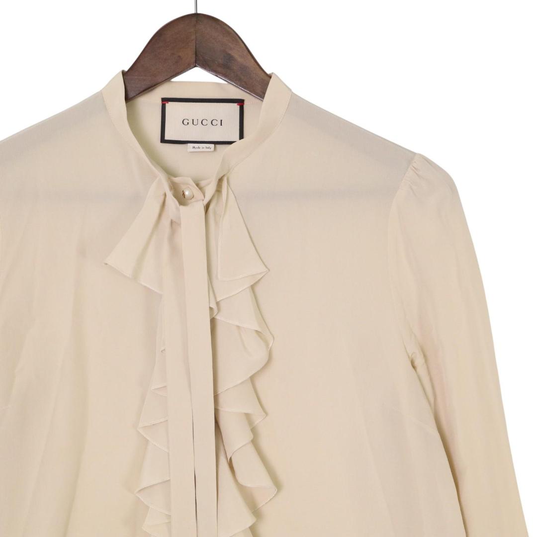 GUCCI パールボタン フリル付き アイボリー シャツ 42