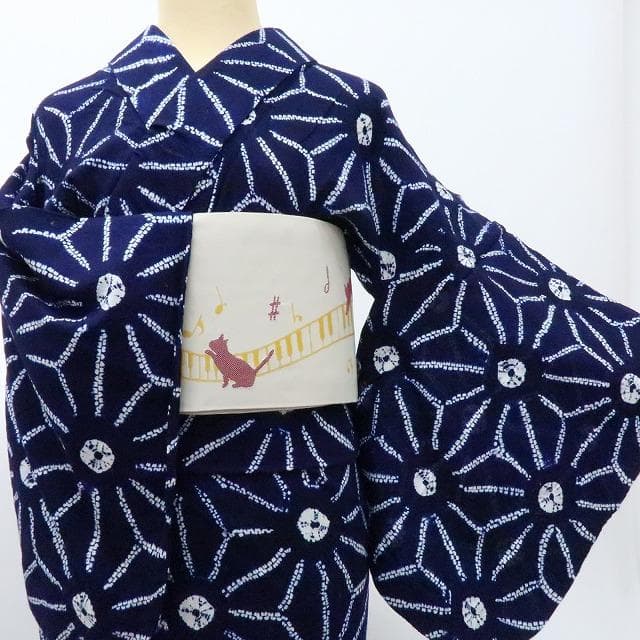 Y3271◆美品 洗える夏着物 有松鳴海絞り 綿 手縫い仕立て 麻の葉 高級浴衣