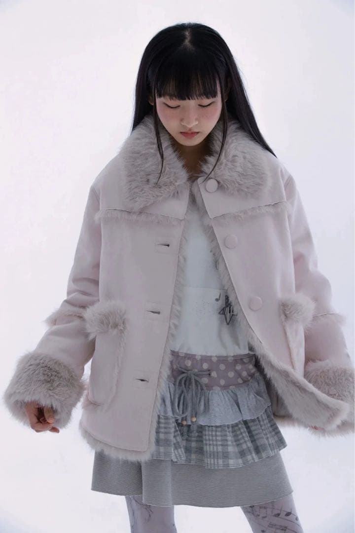 Hugyourskin ファー付き ライトピンク ジャケット