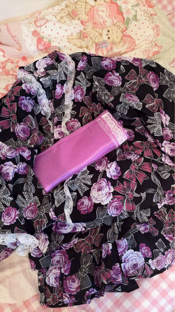 りぼん柄 浴衣ドレス 地雷 量産型 160 M〜L Y2K 平成ギャル 姫ギャル