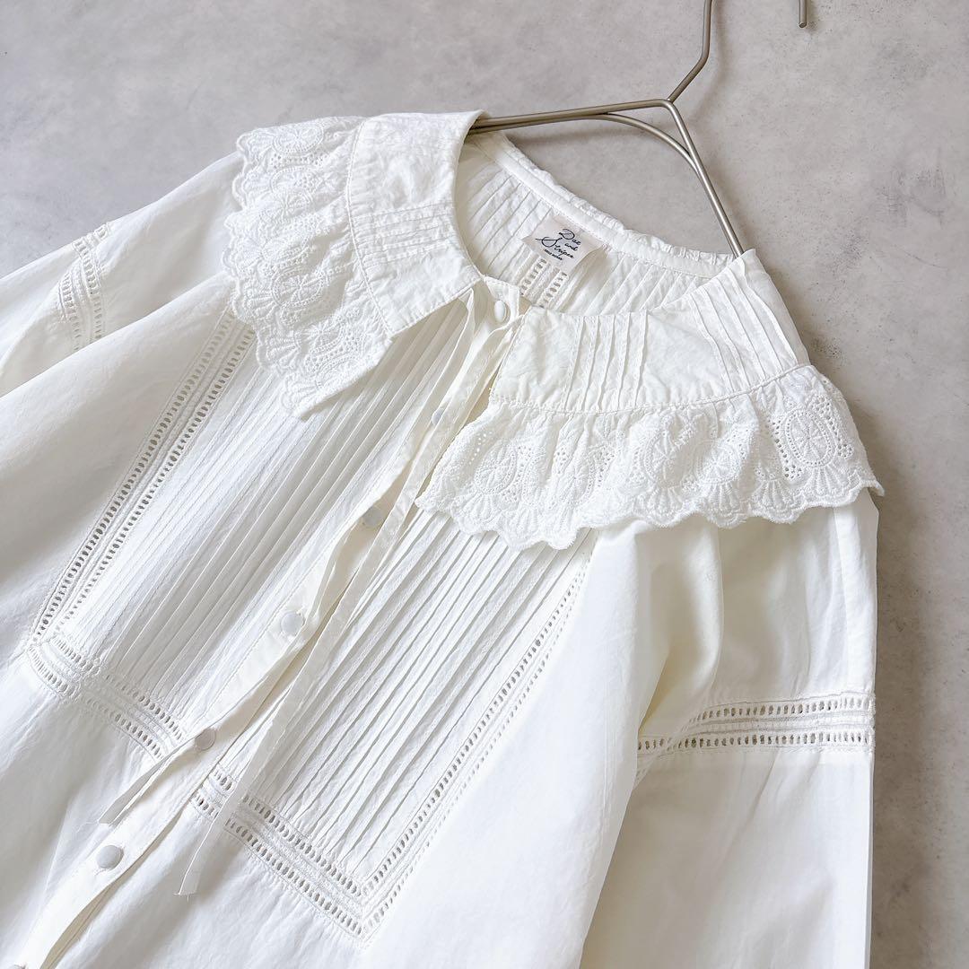 ドットアンドストライプス ピンタック レースブラウス 白 コットン F