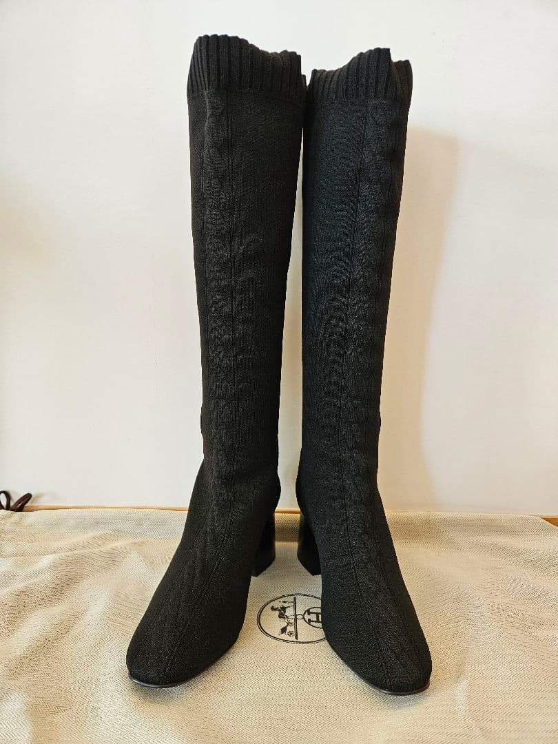エルメス　フォンティーヌ　ロングブーツ　ニットブーツ　黒　ヒール