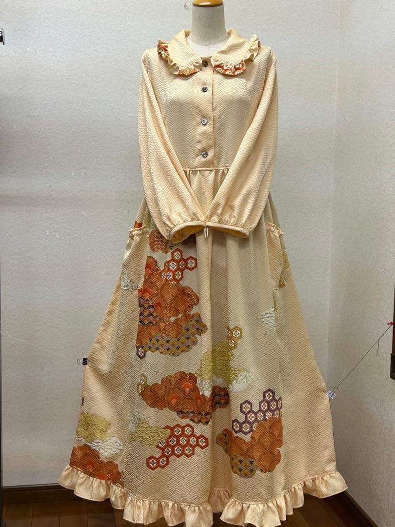 着物リメイク　ワンピース前ボタン　 Lサイズ