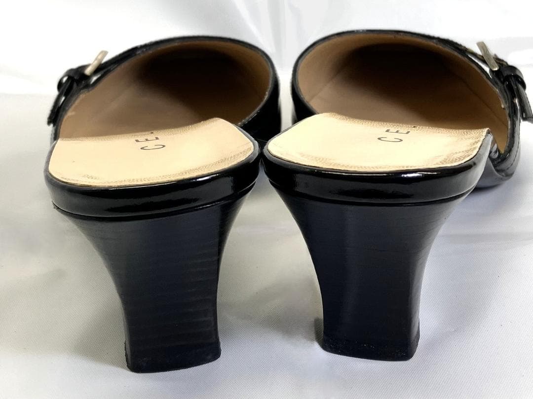 【美品】CELINE ブラック エナメル スクエアトゥ ミュール サンダル