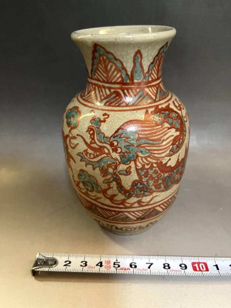 花瓶■古い赤絵龍文口広瓶 花器 花生け 置物 古玩 唐物 中国 時代物 骨董品■
