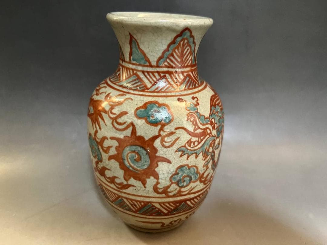 花瓶■古い赤絵龍文口広瓶 花器 花生け 置物 古玩 唐物 中国 時代物 骨董品■