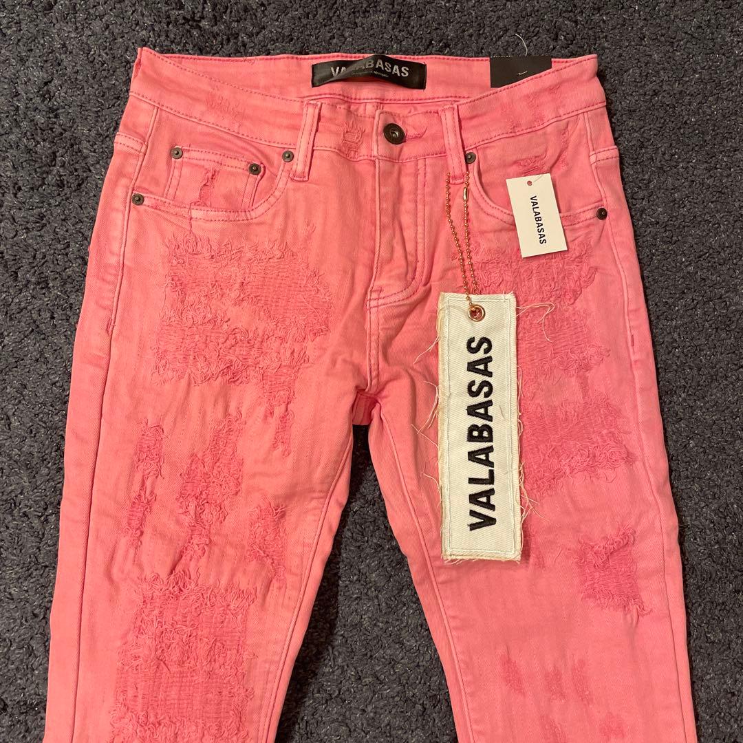 新品バラバサスvalabasasクラッシュダメージスキニーフレアデニムピンク30