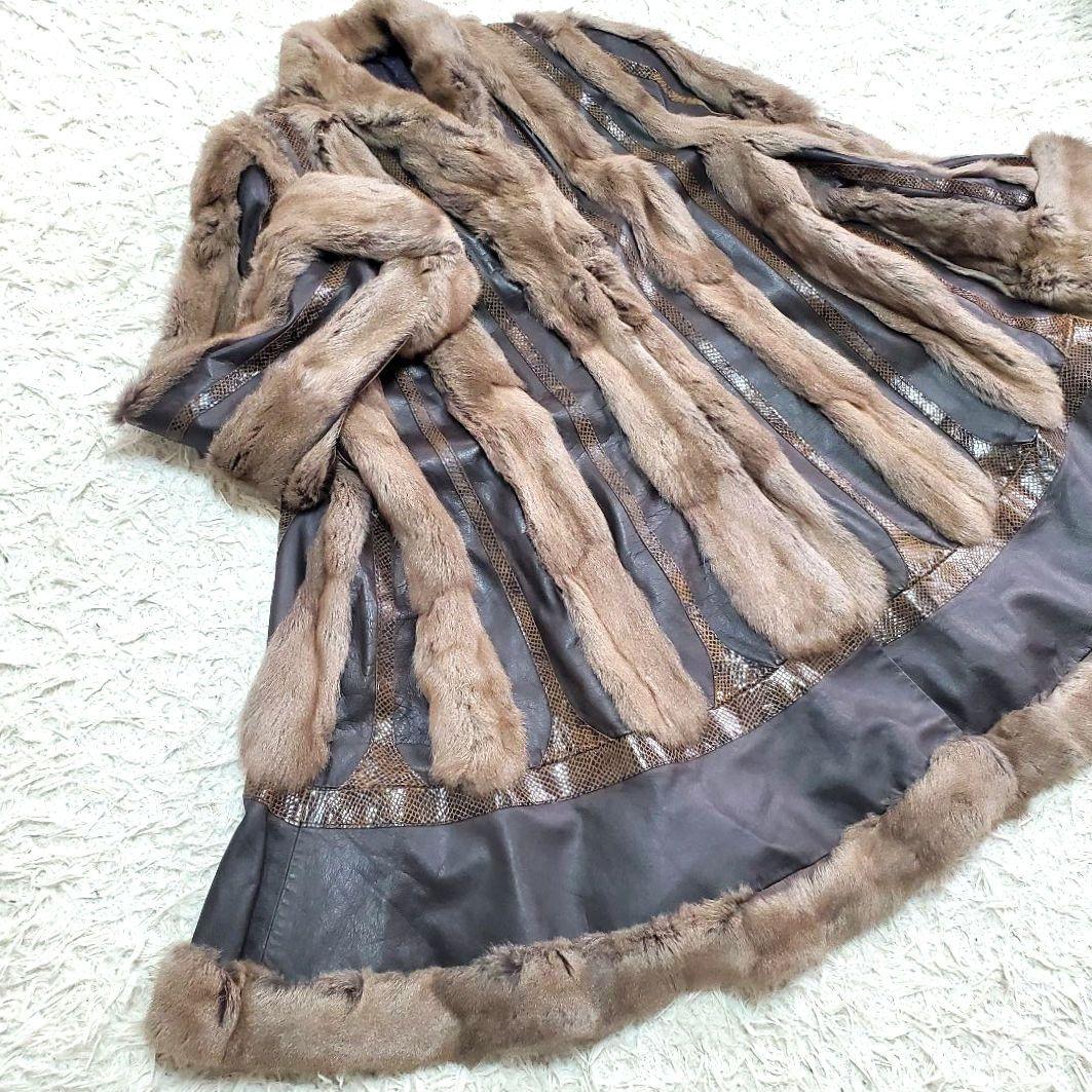 ロリス パイソン柄 ジャーシー ファーコート 牛革 ロング 2XL相当　袖太