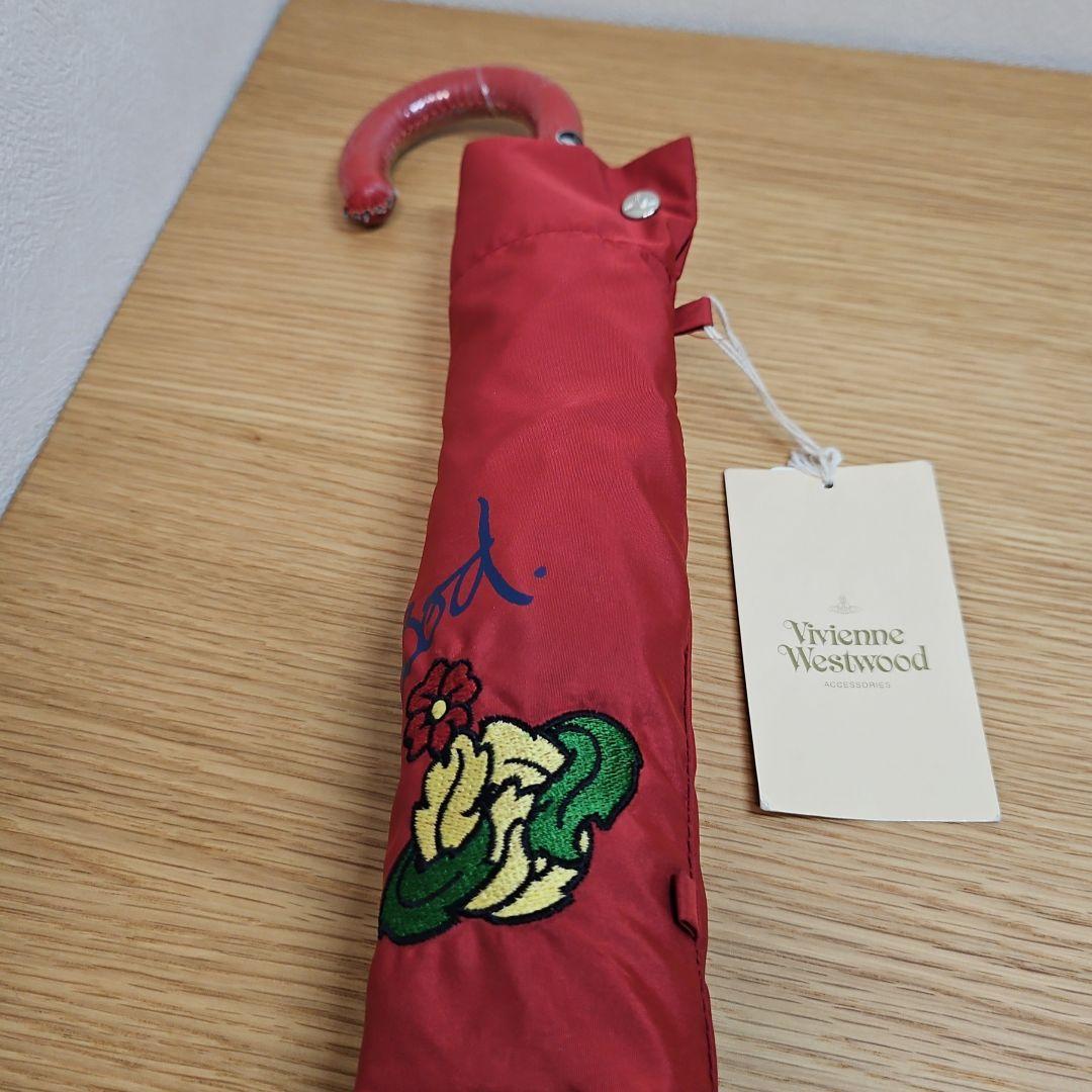 希少 未使用 ヴィヴィアン 折りたたみ傘 55cm 赤 刺繍フラワー タグ付き