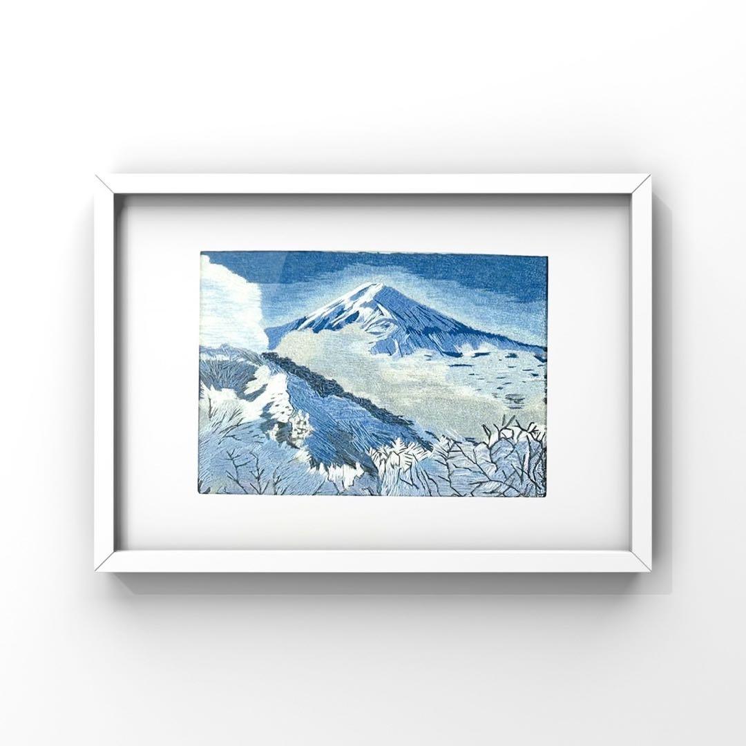 富士山 青色系 和風アート 手刺繍
