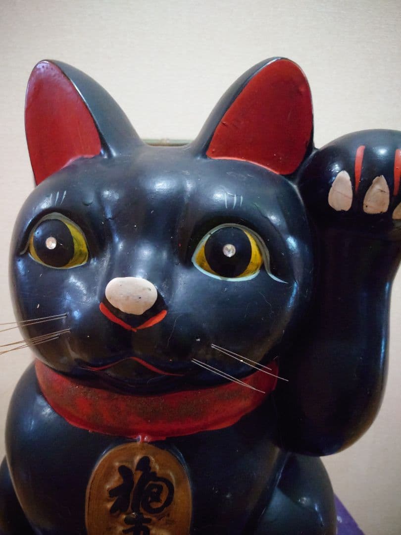特大 招き猫 黒猫 縁起物 置物 昭和レトロ　左手上げ　長期保管品　高さ46cm