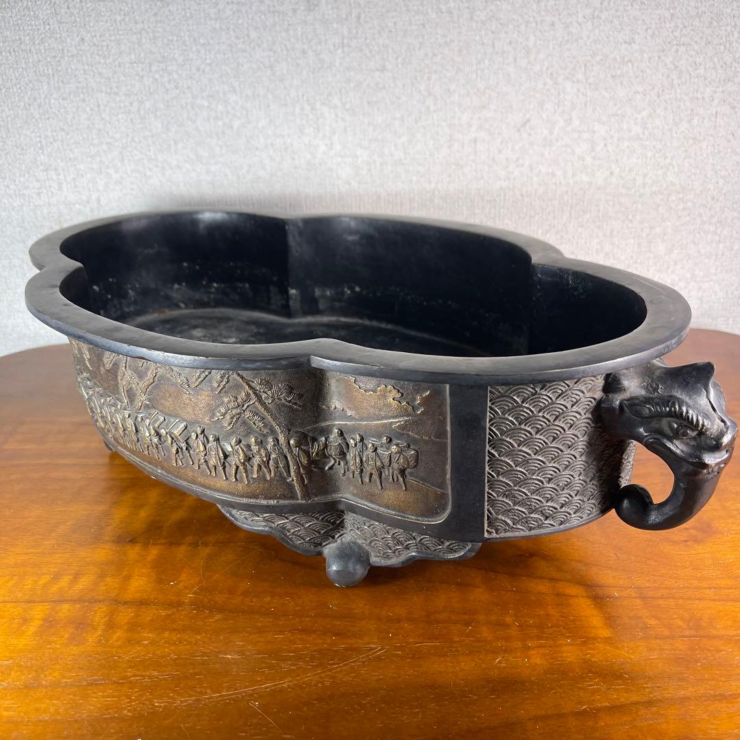 A720⭐︎古銅 高岡銅器 昌雲堂 大名行列象嵌 象耳 水盤 アンティーク