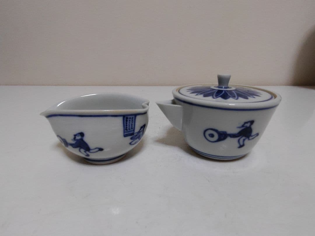 高野昭阿弥 青華唐子人物図 煎茶器 宝瓶 湯冷 煎茶碗五客 煎茶道具 共箱