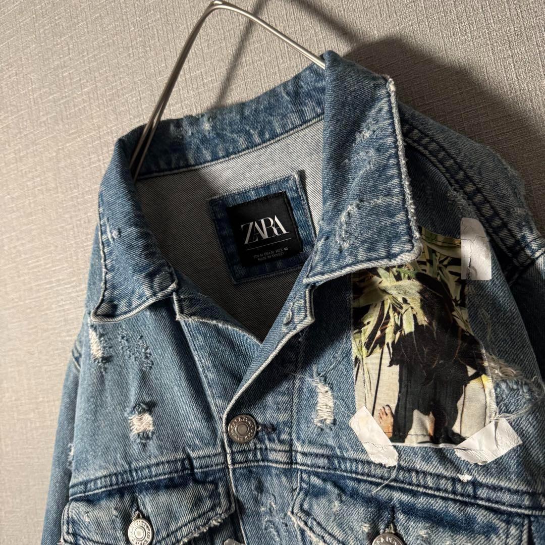 超個性的★ZARA ザラ デニムジャケット アートデザイン ダメージ加工 M 青