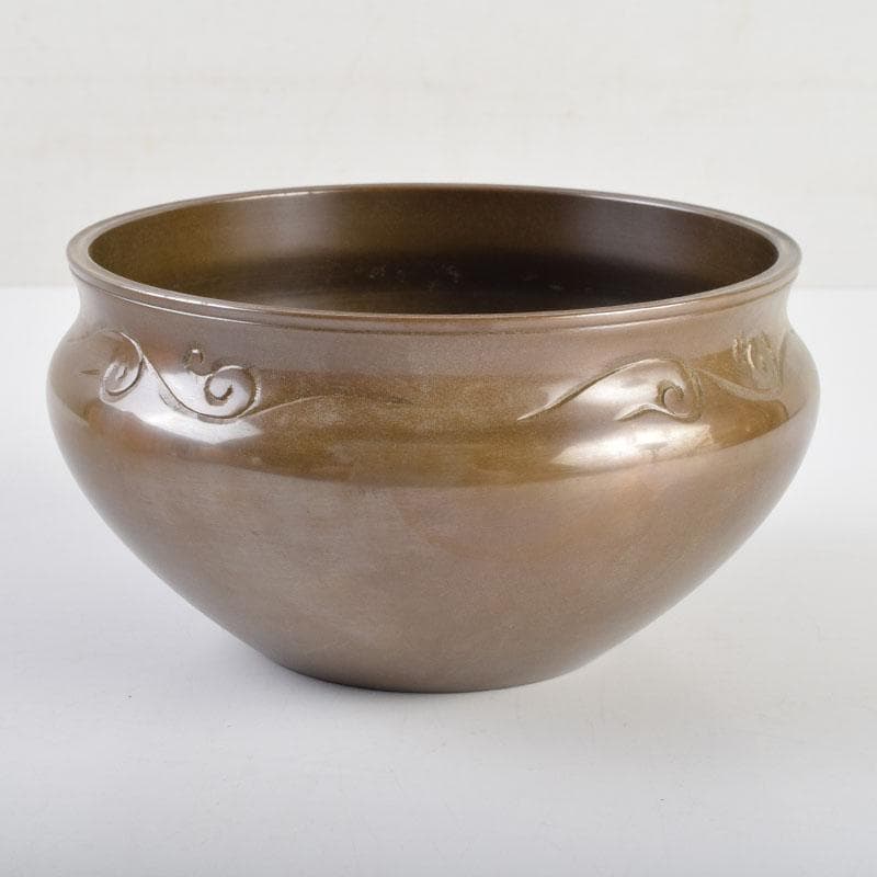 茶道具　高岡銅器　般若勘渓作　唐銅　唐草彫　建水　共箱　C　8980