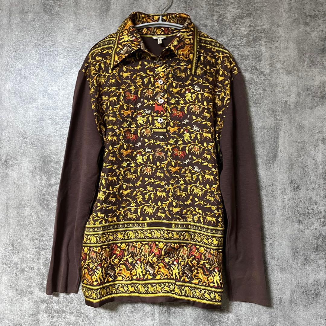 美品 HERMES シルク100 マルジェラ期 スカーフ柄 異素材 シャツ