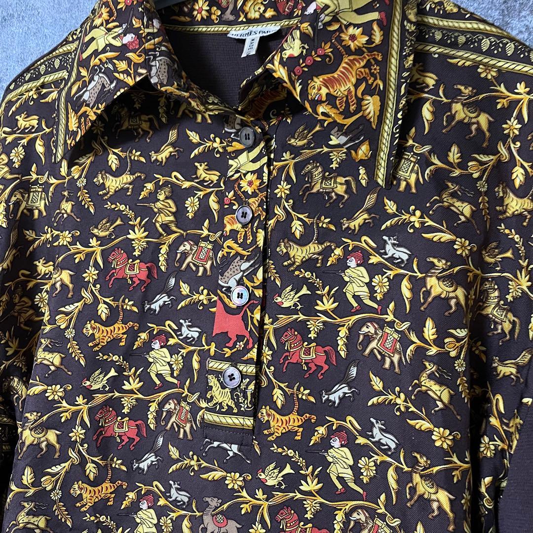 美品 HERMES シルク100 マルジェラ期 スカーフ柄 異素材 シャツ