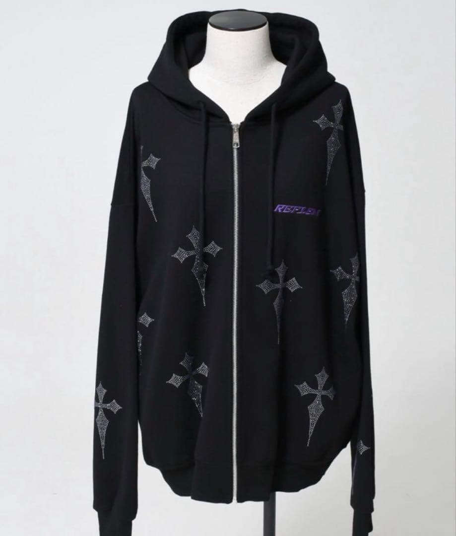 『REFLEM/レフレム』クロス総柄ラインストーンZIPパーカー パープル 紫