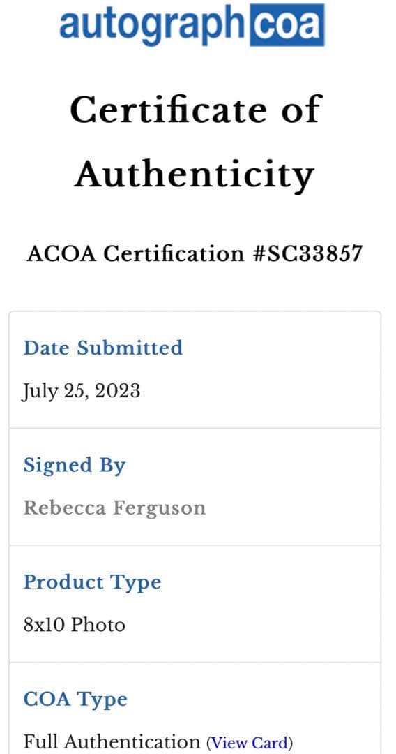 レベッカ・ファーガソン／オートグラフ(直筆サイン)