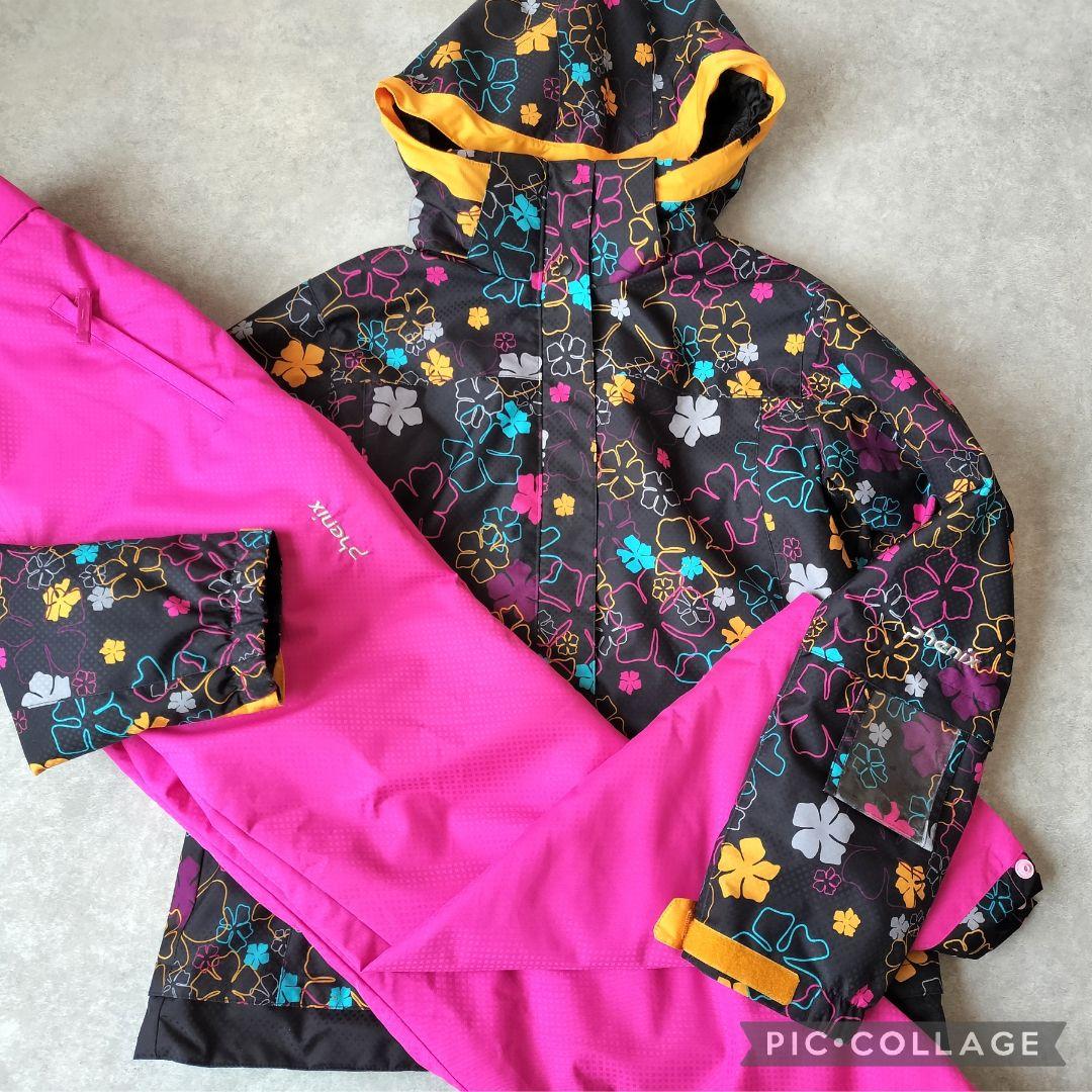 美品 Phenix スキーウェア 女の子 160 150 上下 黒×ピンク 花柄