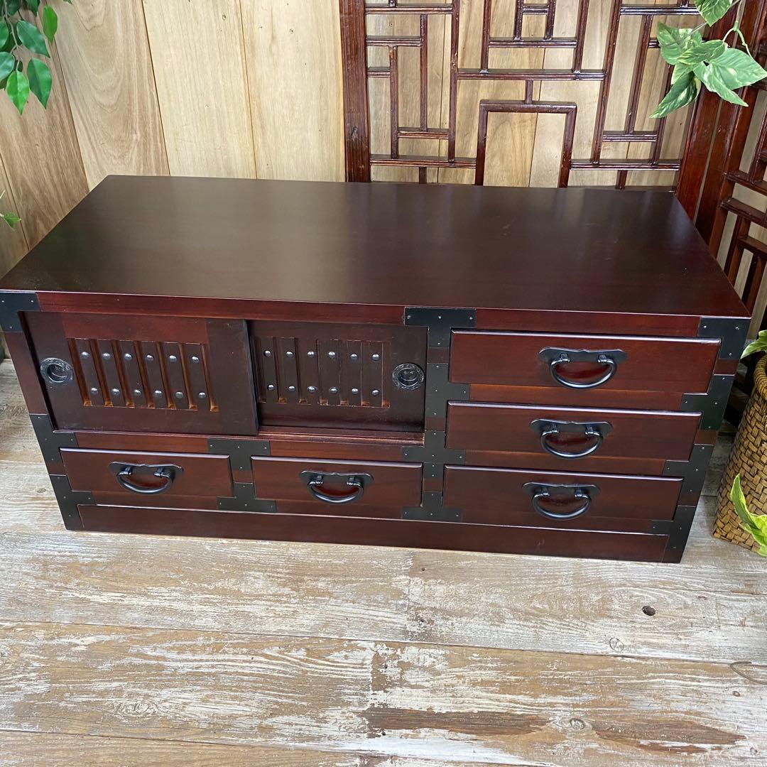 民芸家具桐材天然無垢和引き戸付きチェストテレビ台飾り棚収納和箪笥木製サイドボード