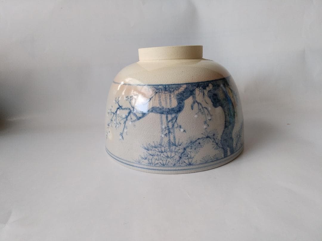 尾土焼 土居庄次 松竹梅ノ絵 茶碗 茶道具 共箱 共布 栞 新品 未使用 保管品