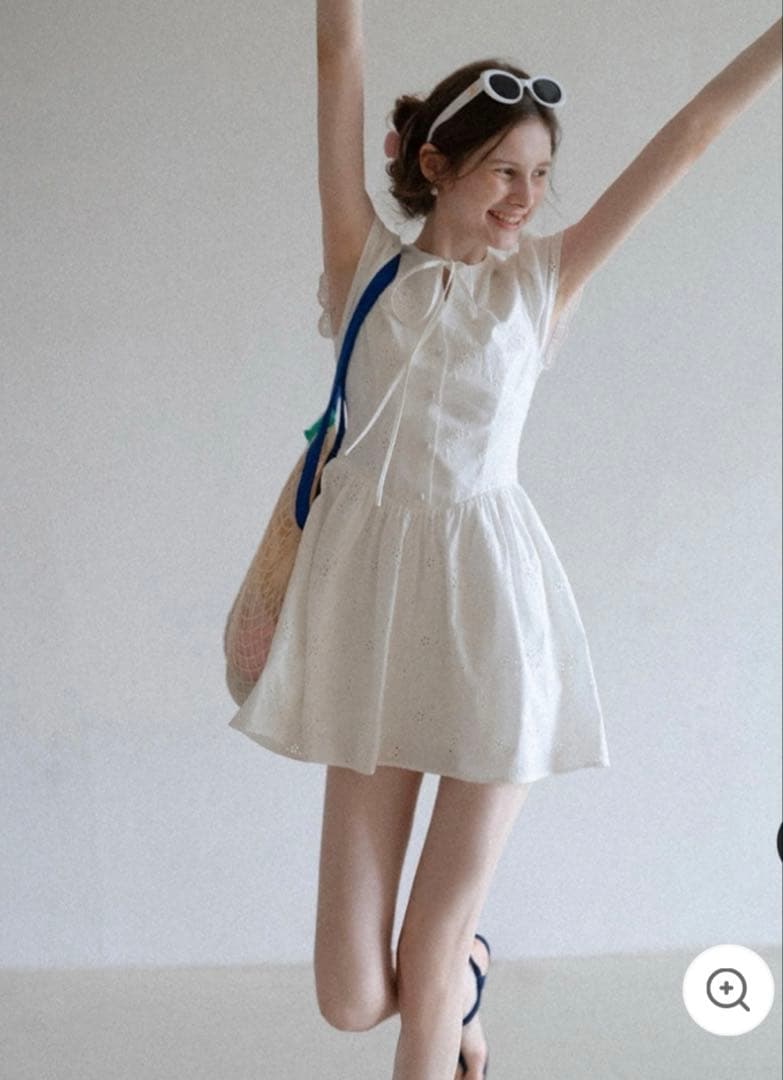 EGGKA ワンピース レディース ノースリーブ アイレット ミニドレス 白 M