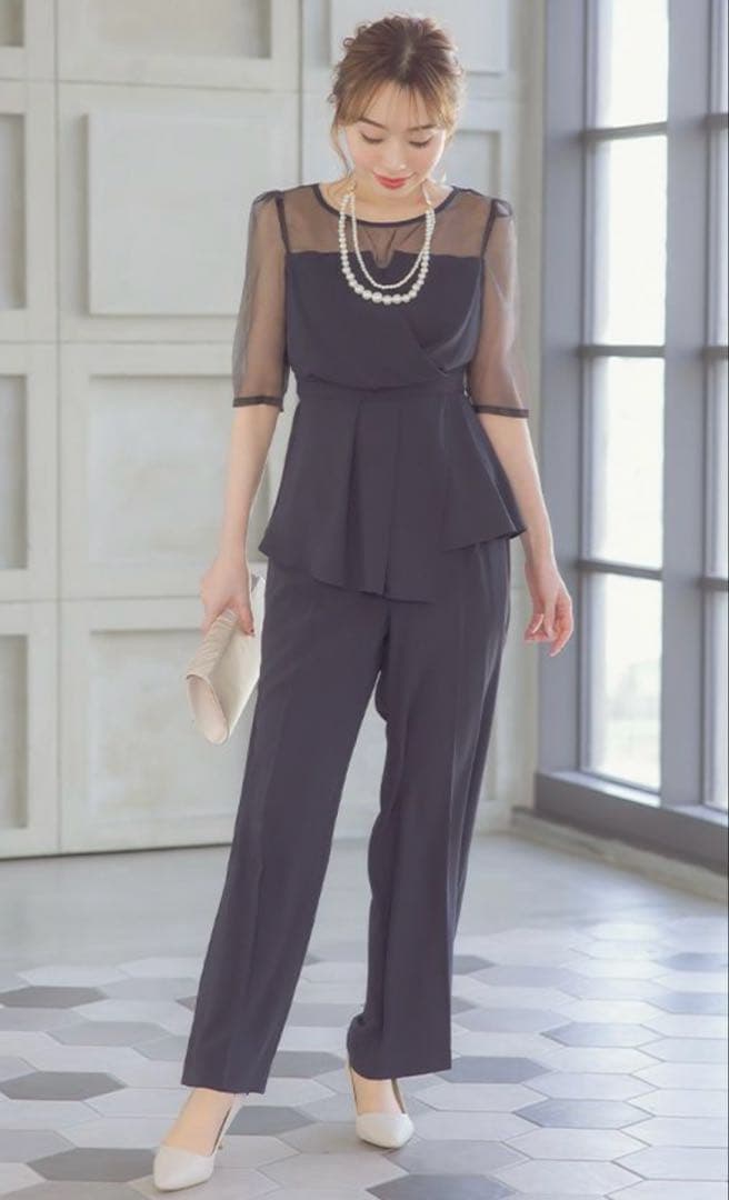 シースルー袖ビスチェ風デザインパンツセットアップパーティードレス Sサイズ