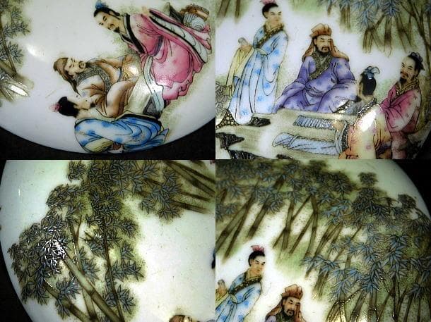 【中国美術　粉彩　竹林七賢人図　蓋物（大香合）／玩玉】
