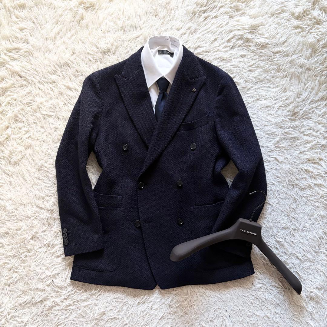 <美品>TAGLIATORE ネイビー ウール ダブル ニットジャケット 50