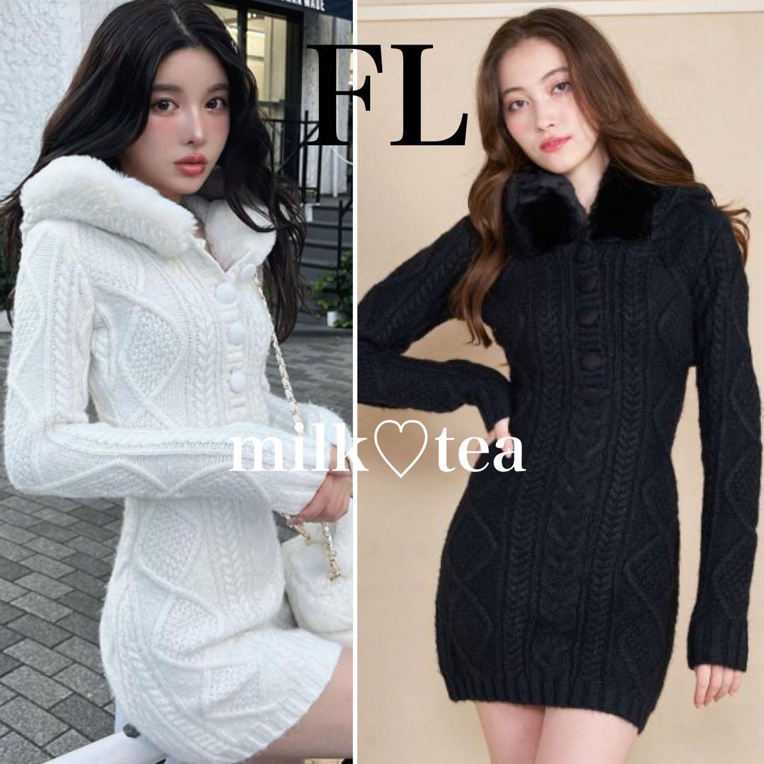 新品タグ付 ダーリッチ フードファーケーブルニットミニワンピース ブラック FL