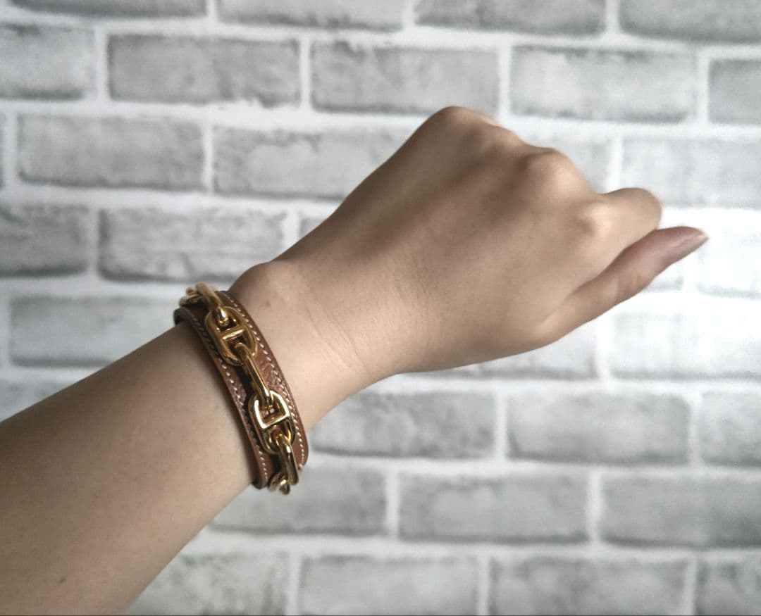 HERMES☆シェーヌダンクルバングル（ブラウンレザー×ゴールドチェーン）