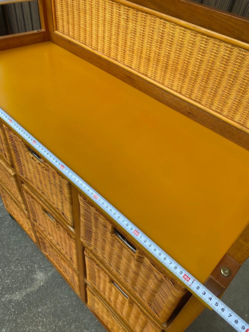 ラタン　引き出し付　ハンガーラック　棚　シェルフ　藤　黄色